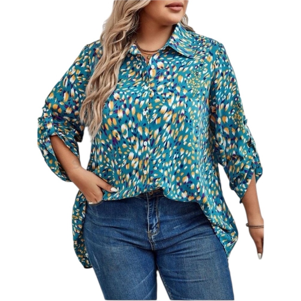 SHEIN LUNE Plus Allover Print Roll Tab Sleeve Shirt 4XL